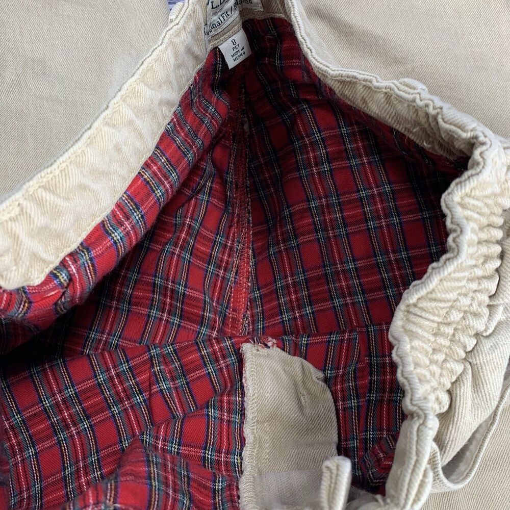 LL Bean Original Fit Relaxed Tan Jeans Red Plaid Lining Elastic Waist Size 8 Pet - Picture 3 of 6